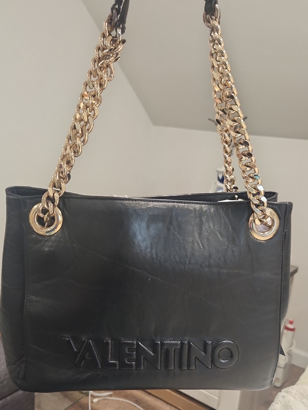 Valentino Luisa Black Leather Tote Bag with Gold Chain Straps. Like New
